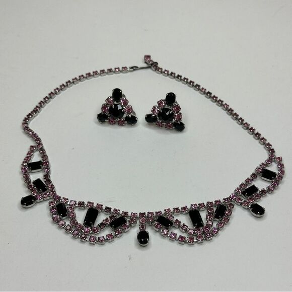 Fashion Jewelry Black and Pink Rhinestone Necklace and Screw Back Earrings - Picture 2 of 14
